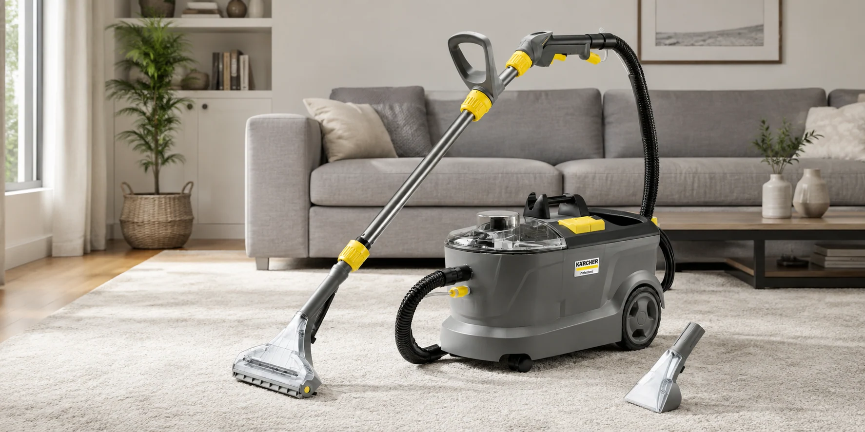 Professional Kärcher carpet and upholstery cleaner set up in a living room