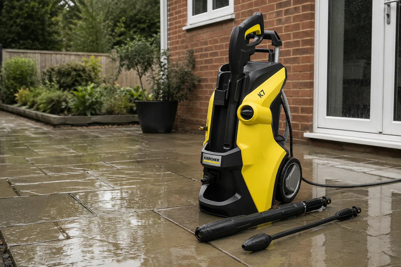 Kärcher pressure washer with spray gun and lances on a wet patio